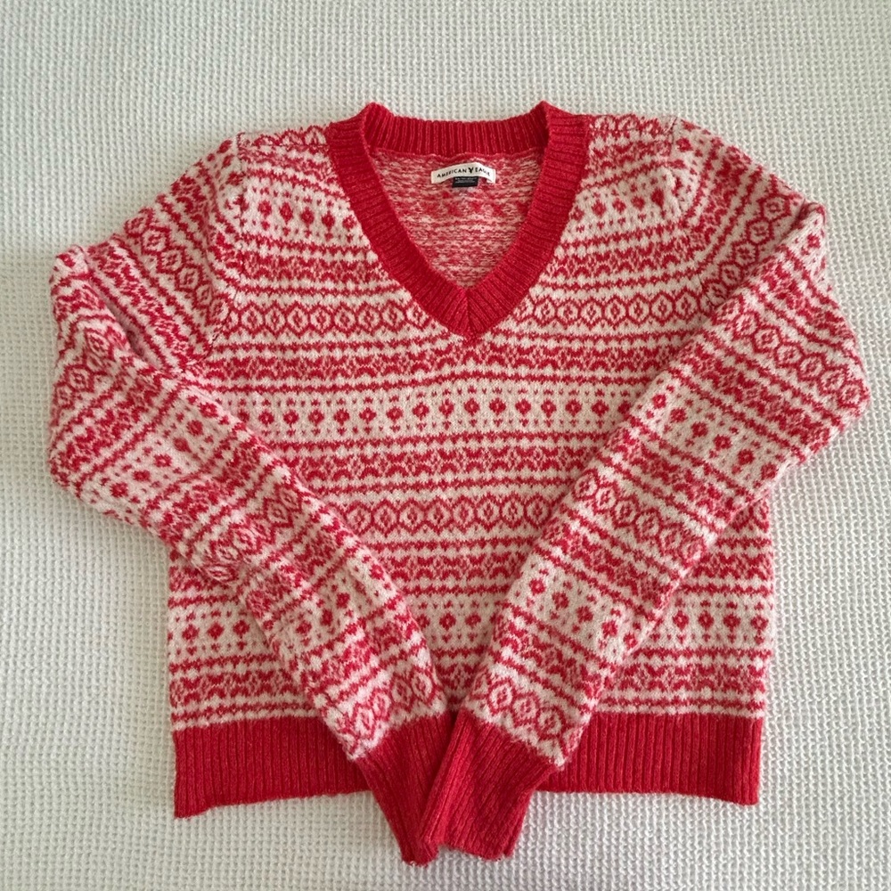 AE Red and White Patterned V-Neck Sweater
